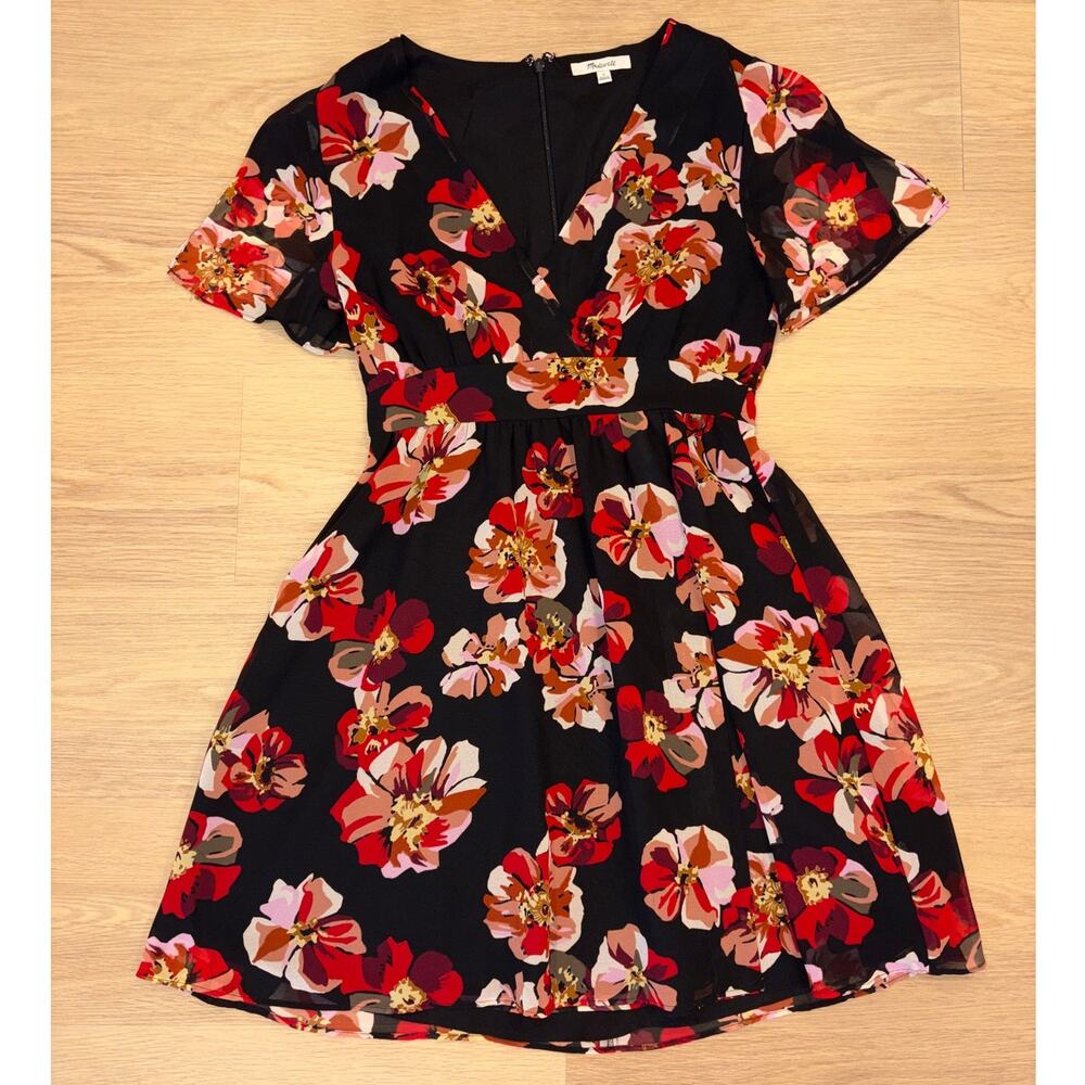 Madewell short sleeve chiffon black with red flower dress womens size 0